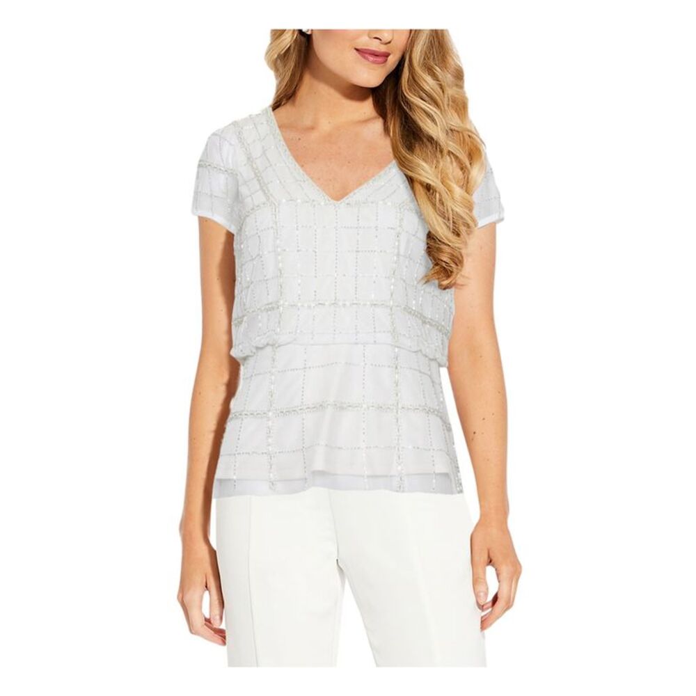 ADRIANNA PAPELL Womens Beaded Blouson Short Sleeve V Neck Evening Top